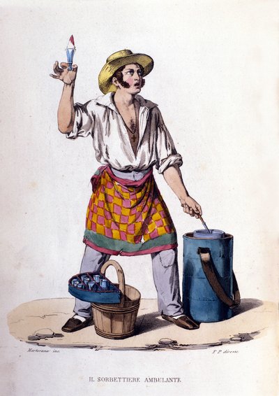 Pequeño negocio de la ciudad de Nápoles: el vendedor de helados y sorbetes. Grabado de una pintura de F. Palizza. De una obra de Francesco de Bourcard “Costumi del regno di Napoli” de Filippo Palizzi