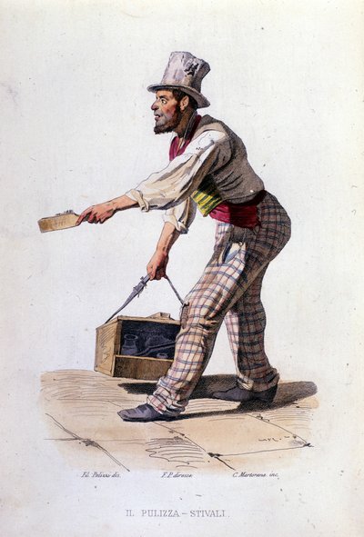 Pequeño negocio de la ciudad de Nápoles: el limpiabotas. Grabado después de una pintura de F. Palizza. De una obra de Francesco de Bourcard "Costumi del regno di Napoli" de Filippo Palizzi