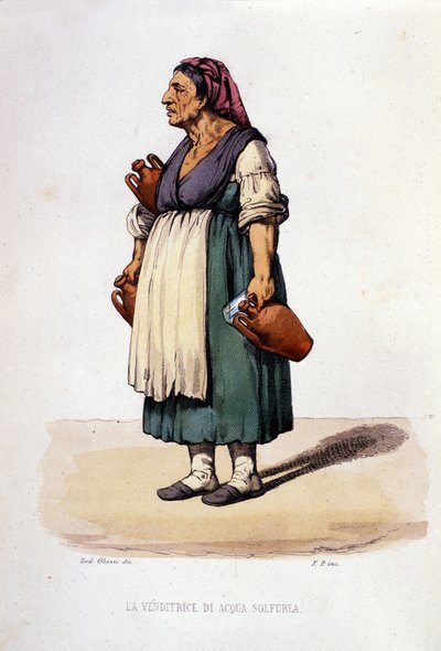 Pequeño comercio de la ciudad de Nápoles: vendedora ambulante de agua de azufre. Grabado después de una pintura de F. Palizza. De una obra de Francesco de Bourcard 