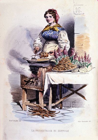 Pequeño negocio de la ciudad de Nápoles: vendedora ambulante de zeppolle, especialidad pastelera de Nápoles. Grabado después de una pintura de F. Palizza. De una obra de Francesco de Bourcard "Costumi del regno di Napoli" de Filippo Palizzi