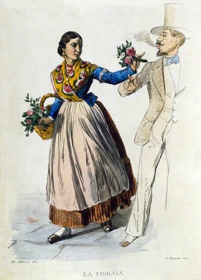 Pequeño comercio de la ciudad de Nápoles: joven florista ofreciendo un ramo a un hombre elegante. Grabado después de una pintura de F. Palizza. De una obra de Francesco de Bourcard 