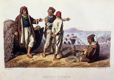 Pequeño oficio del Reino de Nápoles: marineros y pescadores. Grabado después de una pintura de F. Palizza. De una obra de Francesco de Bourcard “Costumi del regno di Napoli” de Filippo Palizzi