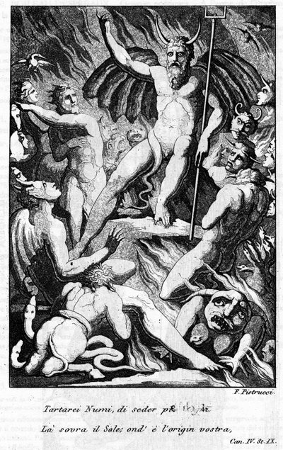 Ilustración de una escena de “La Jerusalén Liberada” (La gerusalemme liberata) de Torquato Tasso (conocido como el Mug). “Tartarei Numi, di seder piu degni La sovra il Sole...” Canto IV. Ilustración de Filippo PISTRUCCI (1782-1859) de Filippo Pistrucci
