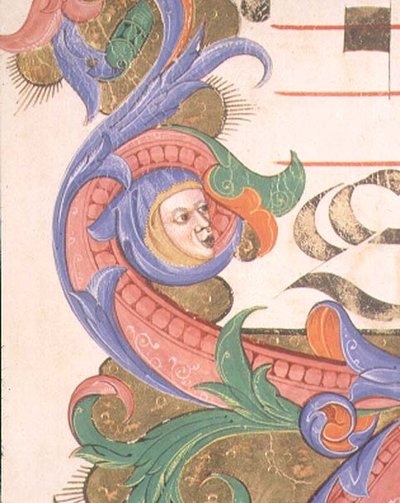 Follaje zoomórfico con una cabeza con capa, detalle de un borde decorativo de un libro de coro ejecutado antes de 1449 de Filippo di Matteo Torelli
