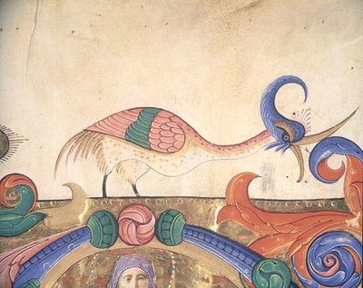 Pájaro fantástico, detalle de la decoración que rodea una inicial historiada de un libro de coro ejecutado antes de 1449 (detalle) de Filippo di Matteo Torelli