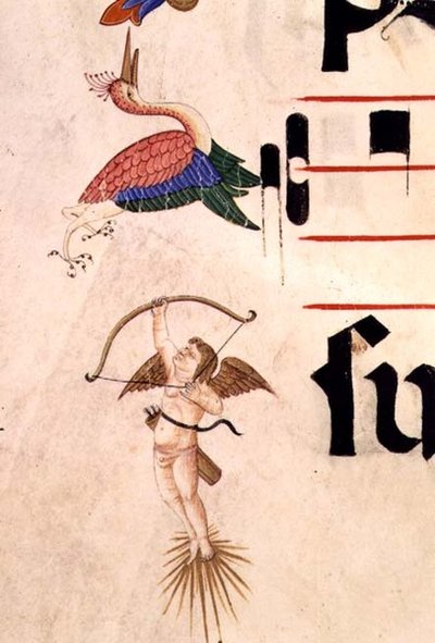 Un querubín disparando a una cigüeña con un arco y una flecha invisible, detalle del borde decorativo de un Libro de Coro ejecutado antes de 1449 de Filippo di Matteo Torelli
