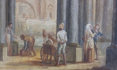 Escena de género, óleo sobre madera, detalle de los postigos de la ventana del salón, Apartamento de la reina, Residencia de caza, de Filippo Juvarra (1678-1736), Stupinigi, Piamonte, Italia. de Filippo or Juvara Juvarra