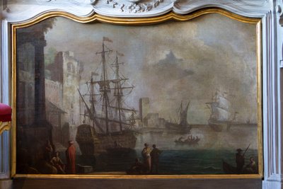 Pintura de paisaje marino, pantalla de chimenea, residencia de caza, de Filippo Juvarra (1678-1736), Stupinigi, Piamonte, Italia. de Filippo or Juvara Juvarra