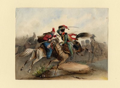 Cazadores a Caballo Franceses de la Guardia Imperial en Combate con los Cosacos Rusos, c. 1830 de Finert