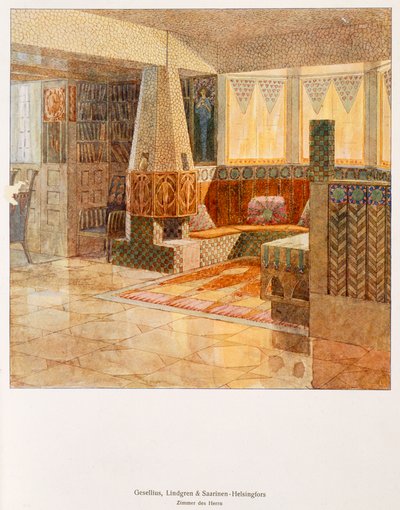 Habitación de caballero, diseñada por Gesellius, Lindgren y Sarrinen-Helsingfors, de una publicación alemana, c.1895 de Finnish School