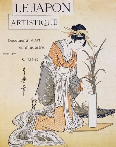 Mujer arreglando flores en un jarrón, portada de Firmin Gillot (1819-1872), Le Japon Artistique (Arte japonés), documentos de arte e industria recopilados por Siegfried Bing (1838-1905), publicación mensual de julio de 1889, Francia de Firmin Gillot