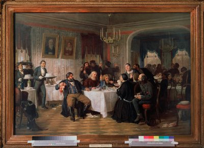 Banquete fúnebre del comerciante - Pintura de Firs Sergeevich Zhuraviev (1836-1901), óleo sobre lienzo, alrededor de 1870, arte ruso del siglo XIX - Galería Estatal Tretyakov, Moscú de Firs Sergeevich Zhuravlev