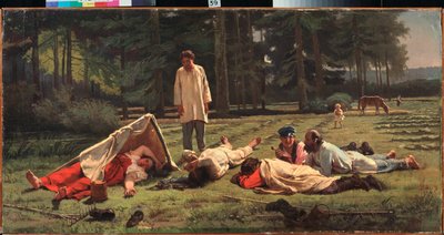 Descanso en la cosecha de heno - Pintura de Firs Sergeevich Zhuraviev (1836-1901), óleo sobre lienzo de Firs Sergeevich Zhuravlev