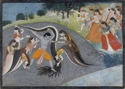Krishna dominando a Kaliya, el demonio serpiente: Folio de una serie Bhagavata Purana, ca. 1785 de First generation after Manaku and Nainsukh.