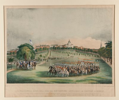 The National Lancers con los oficiales de revisión en Boston Common de Fitz Henry Lane