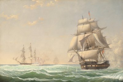 La fragata estadounidense "President" enfrentando al escuadrón británico, 1815 de Fitz Henry Lane