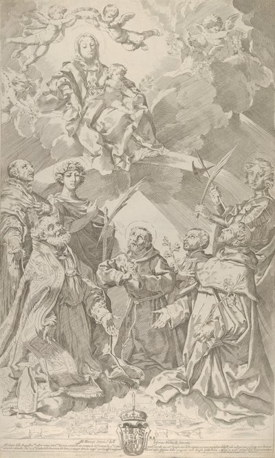 Santos patronos de Bolonia mirando hacia arriba a la Virgen que está sentada en las nubes de Flaminio Torre