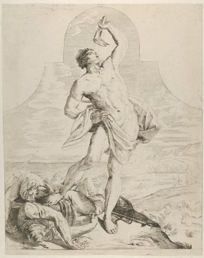 Sansón sosteniendo la quijada de un asno sobre su cabeza y de pie junto a los filisteos, ca. 1640-60 de Flaminio Torre