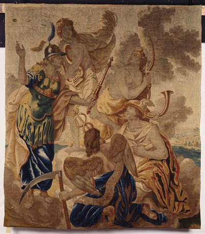 Un tapiz de Bruselas tejido en lanas y sedas, que representa a varias deidades, incluyendo a Minerva, Apolo, Diana, Mercurio y Cornus entre las nubes de Flemish School