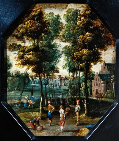 Escena de Kermesse en un pueblo cerca de un río de Flemish School