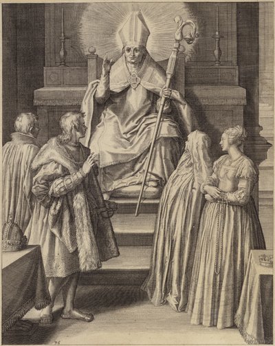 Una figura en vestiduras episcopales sentada en un trono con un halo emanando de su cabeza de Flemish School