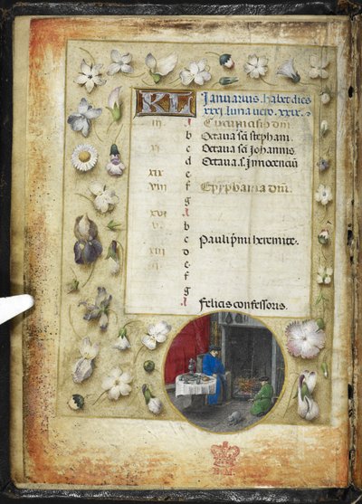 Agregar MS 38126 f.1v Página de calendario para enero, con una miniatura redonda de dos hombres calentándose ante un fuego, de un 