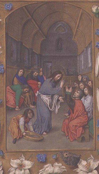 Adicional 54782, f.265v: Cristo lavando los pies de los discípulos, de las Horas de Hastings, c.1475-83 (vitela) de Flemish School