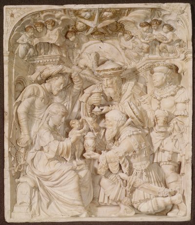 Adoración de los Magos, alabastro y relieve dorado pintado, flamenco, inscrito `A.H., c.1540 de Flemish School