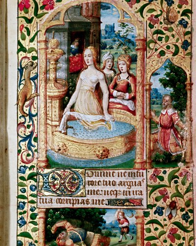 Betsabé en el baño es espiada por el Rey David. Página de la escuela flamenca de principios del siglo XVI de Flemish School