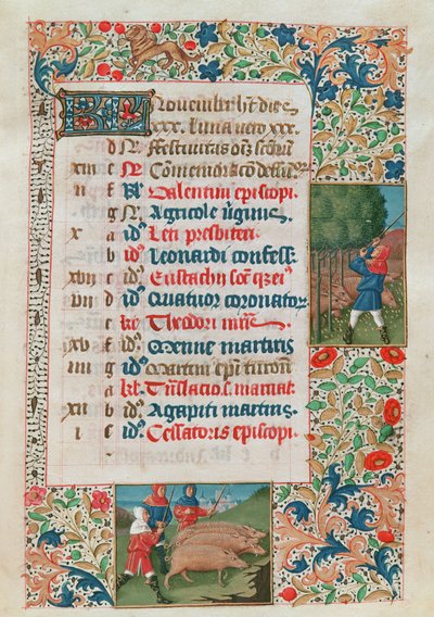 Calendario que representa noviembre, Bellotas y Manadas de Cerdos de Flemish School