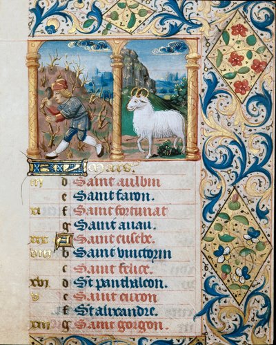 Calendario, el mes de marzo, un campesino sembrando y el carnero. Página tomada de un libro de horas ms. 47, iluminado por la escuela flamenca. Siglo XVI Badia de 