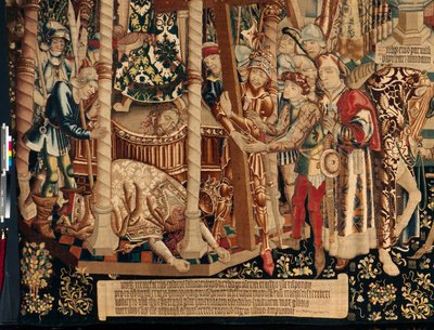 Catedral (La Seo. Catedral del Salvador de Zaragoza). El museo de tapices. Tapiz flamenco. La leyenda de la Santa Cruz (La leyenda de la Santa Cruz, de leyenda de la Santa Cruz). Detalle. Aprox. 1450. 430x1120cm. de Flemish School