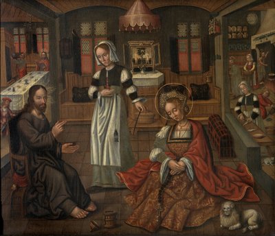 Cristo en Betania en casa de Marta y María (óleo sobre tabla) de Flemish School