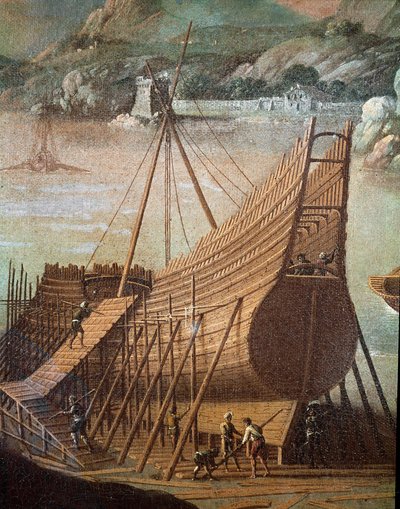Construcción de un galeón en un astillero en Génova (detalle) de Flemish School