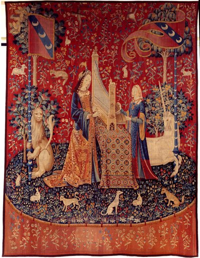 Cortina de la Dama del Unicornio: el oído. Tapiz de lana y seda hecho entre 1484 y 1500. Del Castillo de Boussac, Creuse. Museo Nacional de la Edad Media, Termas de Cluny, París de Flemish School