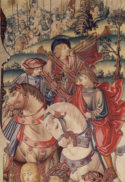 Detalle de Trompetistas a caballo, del tapiz de David y Betsabé de Flemish School