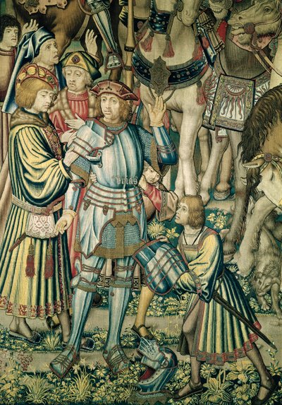 Detalle de Urías el hitita siendo armado, del tapiz de David y Betsabé de Flemish School