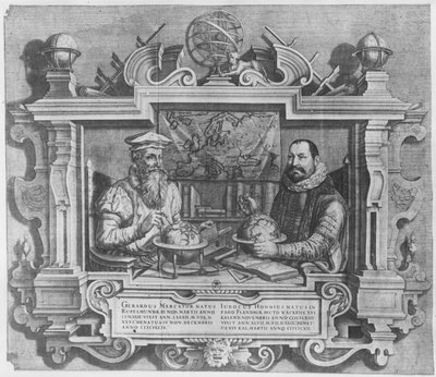 Doble retrato de Gerard Mercator (1512-94) y Jodocus Hondius (1563-1612) grabado para su inclusión en la serie de atlas de Mercator y Hondius, 1619 de Flemish School