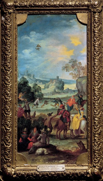 Escena de caza de halcones. Caza y descanso en el campo. Pintura de la Escuela Flamenca. Principios del siglo XVII. Dijon, Museo de Bellas Artes de Flemish School