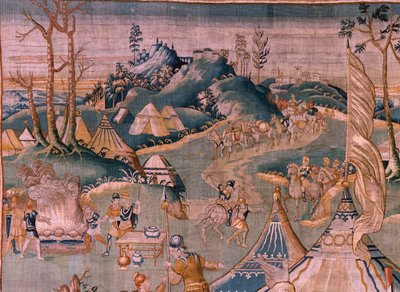 Tapiz flamenco. Campamento militar cerca del río Granikos. Taller de Oudenaarde. 377x393cm. Inv 83104-9/00011. siglo 17. de Flemish School