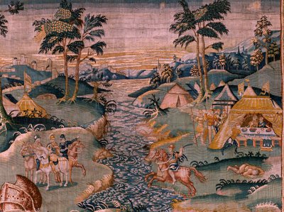 Tapiz flamenco. Campamento militar cerca del río Granikos. Taller de Oudenaarde. 377x393cm. Inv 83104-9/00011. siglo 17. de Flemish School