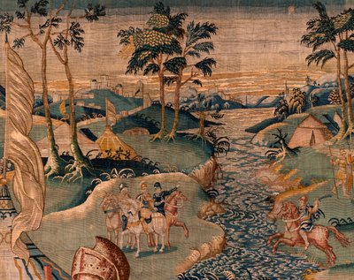 Tapiz flamenco. Campamento militar cerca del río Granikos. Taller de Oudenaarde. 377x393cm. Inv 83104-9/00011. siglo 17. de Flemish School