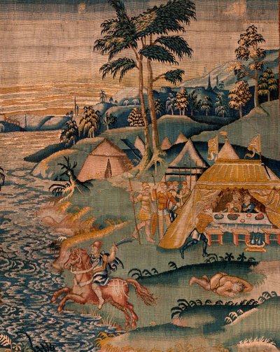 Tapiz flamenco. Campamento militar cerca del río Granikos. Taller de Oudenaarde. 377x393cm. Inv 83104-9/00011. siglo 17. de Flemish School