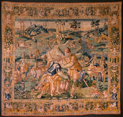 Tapiz flamenco. Campamento militar cerca del río Granikos. Taller de Oudenaarde. 377x393cm. Inv 83104-9/00011. siglo 17. de Flemish School