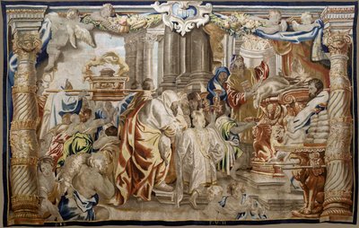Tapiz flamenco. Serie Apoteosis de la Eucaristía. Sacrificio de la Ley Mosaica (Sacrificio de la Ley Mosaica). Modelo Cartoon copiado de un original de Rubens. Fabricación de Bruselas. Fabricado por Frans van den Hecke. Mediados del siglo XVII. Tela Seda y de Flemish School