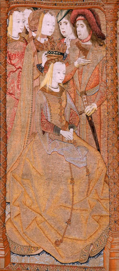 Tapiz flamenco. Serie Devoción de Nuestra Señora o Paños de Oro. La Coronación de la Virgen (La Coronación de la Virgen). Cuarto tapiz de la serie. Modelo Dibujante del círculo de Colyn de Coter. Fabricación Pieter van Aelst, Bruselas. Ca 1500-15 de Flemish School