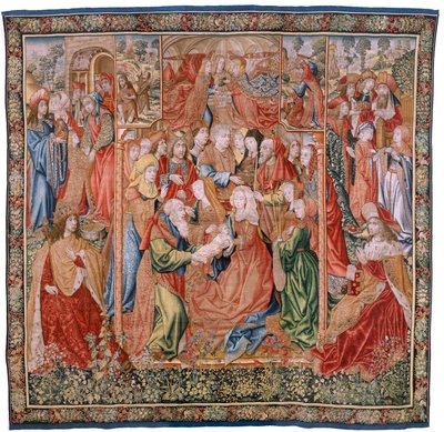 Tapiz flamenco. Serie Episodios de la Vida de la Virgen; Presentación en el Templo (Presentación en el Templo). Segundo tapiz de la serie. Modelos atribuidos a Jan van Roome (o van Brussel). Fabricación Pieter van Aelst, Bruselas. CA 1502-1504. de Flemish School