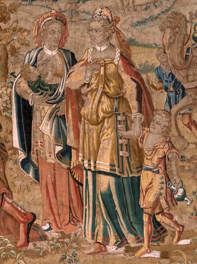 Tapiz flamenco. Serie Esaú y . Encuentro entre Jacob y Esaú (Encuentro entre Jacob y Esaú). Tercer tapiz de la serie. Manufactura Holanda, segunda mitad del siglo XVI. Lana de tela. Ubicación Iglesia de San Nicolás de Bari (museo inaugurado de Flemish School