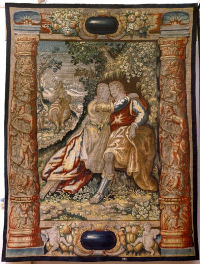 Tapiz flamenco. Serie Gallardía (Galante). Pareja con músico (Pareja con músico). Manufactura Bruselas, principios del siglo XVII. Tejido Seda y lana, 5/6 urdimbres por cm. Tamaño 348 x 263 cm. Ubicación Iglesia de San Millán de la Cogolla, Oncala (Soria). de Flemish School