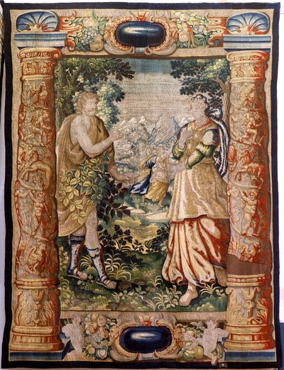 Tapiz flamenco. Serie Gallardía (Galante). Escena galante (Escena galante). Manufactura Bruselas, principios del siglo XVII. Tejido Seda y lana, 5/6 urdimbres por cm. Tamaño 348 x 263 cm. Ubicación Iglesia de San Millán de la Cogolla, Oncala (Soria). Orige de Flemish School